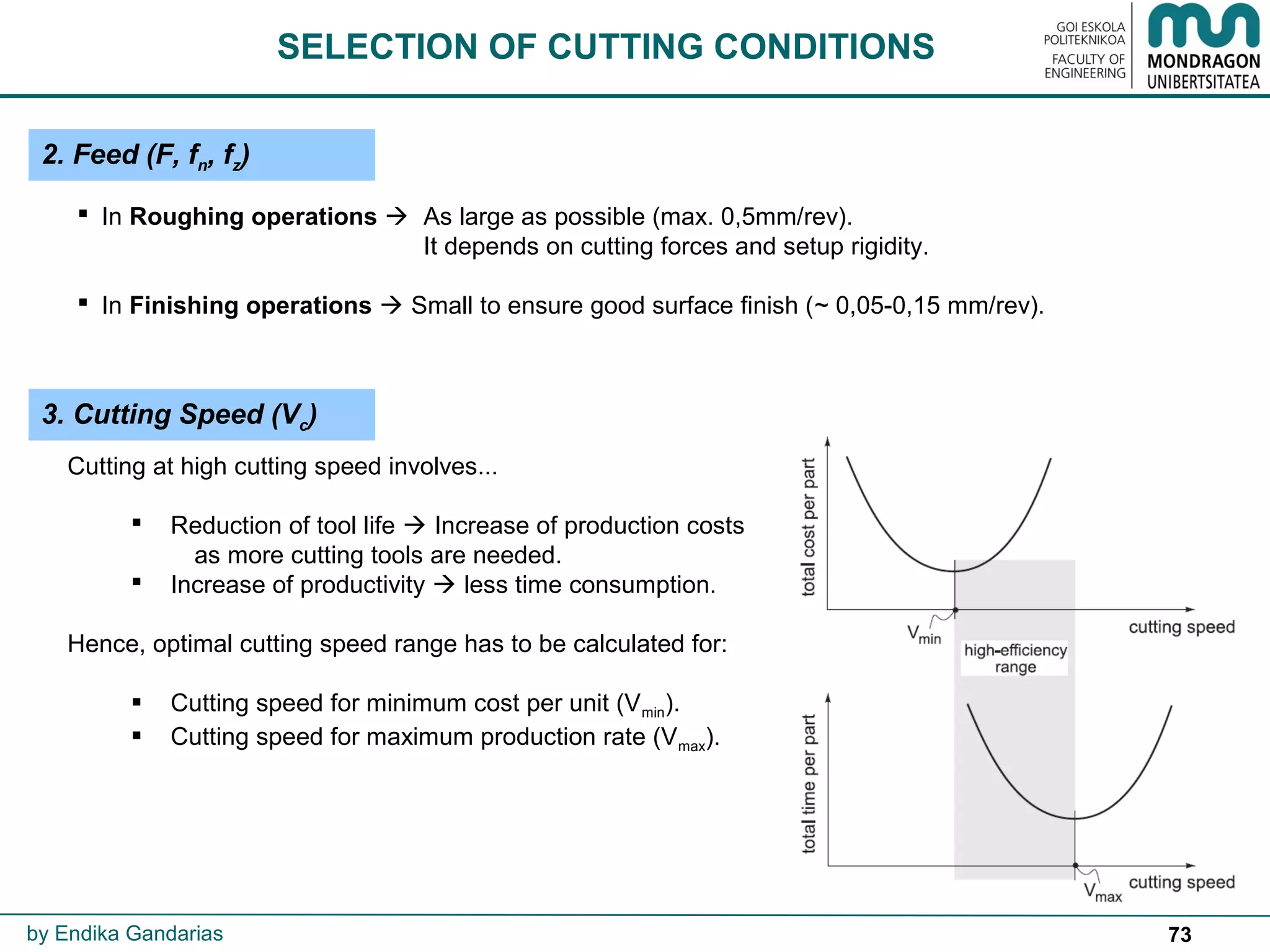 73
SELECTION OF CUTTING CONDITIONS
 In Roughing operations  As large as possible (max. 0,5mm/rev).
It depends on cutting forces and setup rigidity.
 In Finishing operations  Small to ensure good surface finish (~ 0,05-0,15 mm/rev).
Cutting at high cutting speed involves...
 Reduction of tool life  Increase of production costs
as more cutting tools are needed.
 Increase of productivity  less time consumption.
Hence, optimal cutting speed range has to be calculated for:
 Cutting speed for minimum cost per unit (Vmin).
 Cutting speed for maximum production rate (Vmax).
3. Cutting Speed (Vc)
2. Feed (F, fn, fz)
by Endika Gandarias
 