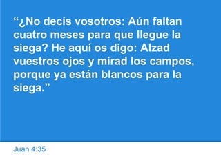 Juan 4:35
“¿No decís vosotros: Aún faltan
cuatro meses para que llegue la
siega? He aquí os digo: Alzad
vuestros ojos y mirad los campos,
porque ya están blancos para la
siega.”
 
