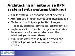 Architecting an enterprise BPM system (with systems thinking) A BPM system is a dynamic set of artefacts  Artefacts are interconnected and interdependent We have to anticipate potential changes:  policies, priorities, compliance, technology, etc. Implementation of such changes necessitates the evolution of some artefacts and the relationships between them It must be easy to modify all artefacts and relationships without causing any negative effects  