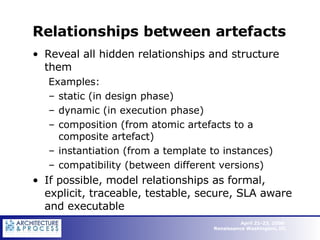 Relationships between artefacts Reveal all hidden relationships and structure them  Examples: static (in design phase) dynamic (in execution phase) composition (from atomic artefacts to a composite artefact) instantiation (from a template to instances) compatibility (between different versions) If possible, model relationships as formal, explicit, traceable, testable, secure, SLA aware and executable  