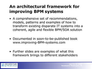 An architectural framework for improving BPM systems  A comprehensive set of recommendations, models, patterns and examples of how to transform existing disparate IT systems into a coherent, agile and flexible BPM/SOA solution Documented in soon-to-be-published book  www.improving-BPM-systems.com Further slides are examples of what this framework brings to different stakeholders 