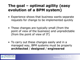 The goal  – optimal agility (easy evolution of a BPM system) Experience shows that business wants separate requests for change to be implemented quickly These changes are typically small (from the point of view of the business) and unpredictable (from the point of view of IT)  To carry out these changes easily and in a managed way, BPM systems must be properly  architected  /  designed  /  engineered 