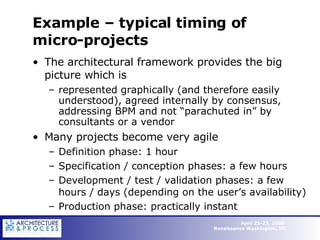 Example –  typical timing of micro-projects The architectural framework provides the big picture which is represented graphically (and therefore easily understood), agreed internally by consensus, addressing BPM and not “parachuted in” by consultants or a vendor Many projects become very agile Definition phase: 1 hour  Specification / conception phases: a few hours Development / test / validation phases: a few hours / days (depending on the user’s availability) Production phase: practically instant 