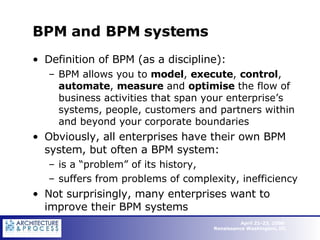 BPM and BPM systems Definition of BPM (as a discipline): BPM allows you to  model ,  execute ,  control ,  automate ,  measure  and  optimise  the flow of business activities that span your enterprise’s systems, people, customers and partners within and beyond your corporate boundaries Obviously, all enterprises have their own BPM system, but often a BPM system: is a “problem” of its history, suffers from problems of complexity, inefficiency Not surprisingly, many enterprises want to improve their BPM systems 