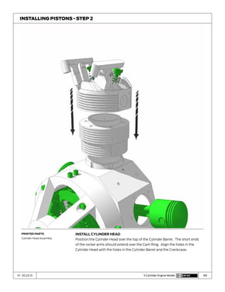 68V1 02.22.13 5 Cylinder Engine Model
Install Cylinder Head
Position the Cylinder Head over the top of the Cylinder Barrel. The short ends
of the rocker arms should extend over the Cam Ring. Align the holes in the
Cylinder Head with the holes in the Cylinder Barrel and the Crankcase.
Installing Pistons - Step 2
Printed Parts
Cylinder Head Assembly
 