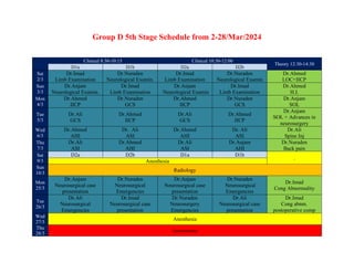 Group D 5th Stage Schedule from 2-28/Mar/2024
Clinical 8:30-10:15 Clinical 10:30-12:00
Theory 12:30-14:30
D1a D1b D2a D2b
Sat
2/3
Dr.Imad
Limb Examination
Dr.Nuraden
Neurological Examin.
Dr.Imad
Limb Examination
Dr.Nuraden
Neurological Examin
Dr.Ahmed
LOC+IICP
Sun
3/3
Dr.Anjam
Neurological Examin.
Dr.Imad
Limb Examination
Dr.Anjam
Neurological Examin
Dr.Imad
Limb Examination
Dr.Ahmed
H.I.
Mon
4/3
Dr.Ahmed
IICP
Dr.Nuraden
GCS
Dr.Ahmed
IICP
Dr.Nuraden
GCS
Dr.Anjam
SOL
Tue
5/3
Dr.Ali
GCS
Dr.Ahmed
IICP
Dr.Ali
GCS
Dr.Ahmed
IICP
Dr.Anjam
SOL + Advances in
neurosurgery
Wed
6/3
Dr.Ahmed
AHI
Dr. Ali
ASI
Dr.Ahmed
AHI
Dr. Ali
ASI
Dr.Ali
Spine Inj
Thu
7/3
Dr.Ali
ASI
Dr.Ahmed
AHI
Dr.Ali
ASI
Dr.Anjam
AHI
Dr.Nuraden
Back pain
Sat
9/3
D2a D2b D1a D1b
.
Anesthesia
Sun
10/3
Radiology
Mon
25/3
Dr.Anjam
Neurosurgical case
presentation
Dr.Nuraden
Neurosurgical
Emergencies
Dr.Anjam
Neurosurgical case
presentation
Dr.Nuraden
Neurosurgical
Emergencies
Dr.Imad
Cong Abnormality
Tue
26/3
Dr.Ali
Neurosurgical
Emergencies
Dr.Imad
Neurosurgical case
presentation
Dr.Nuraden
Neurosurgery
Emergencies
Dr.Ali
Neurosurgical case
presentation
Dr.Imad
Cong abnm.
postoperative comp
Wed
27/3
Anesthesia
Thu
28/3
Assessments
 
