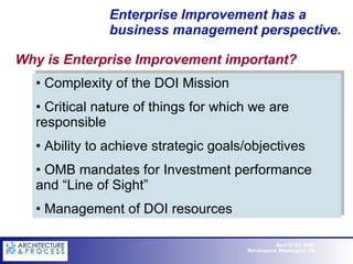 Why is Enterprise Improvement important? ,[object Object],[object Object],[object Object],[object Object],[object Object],Enterprise Improvement has a business management perspective. 