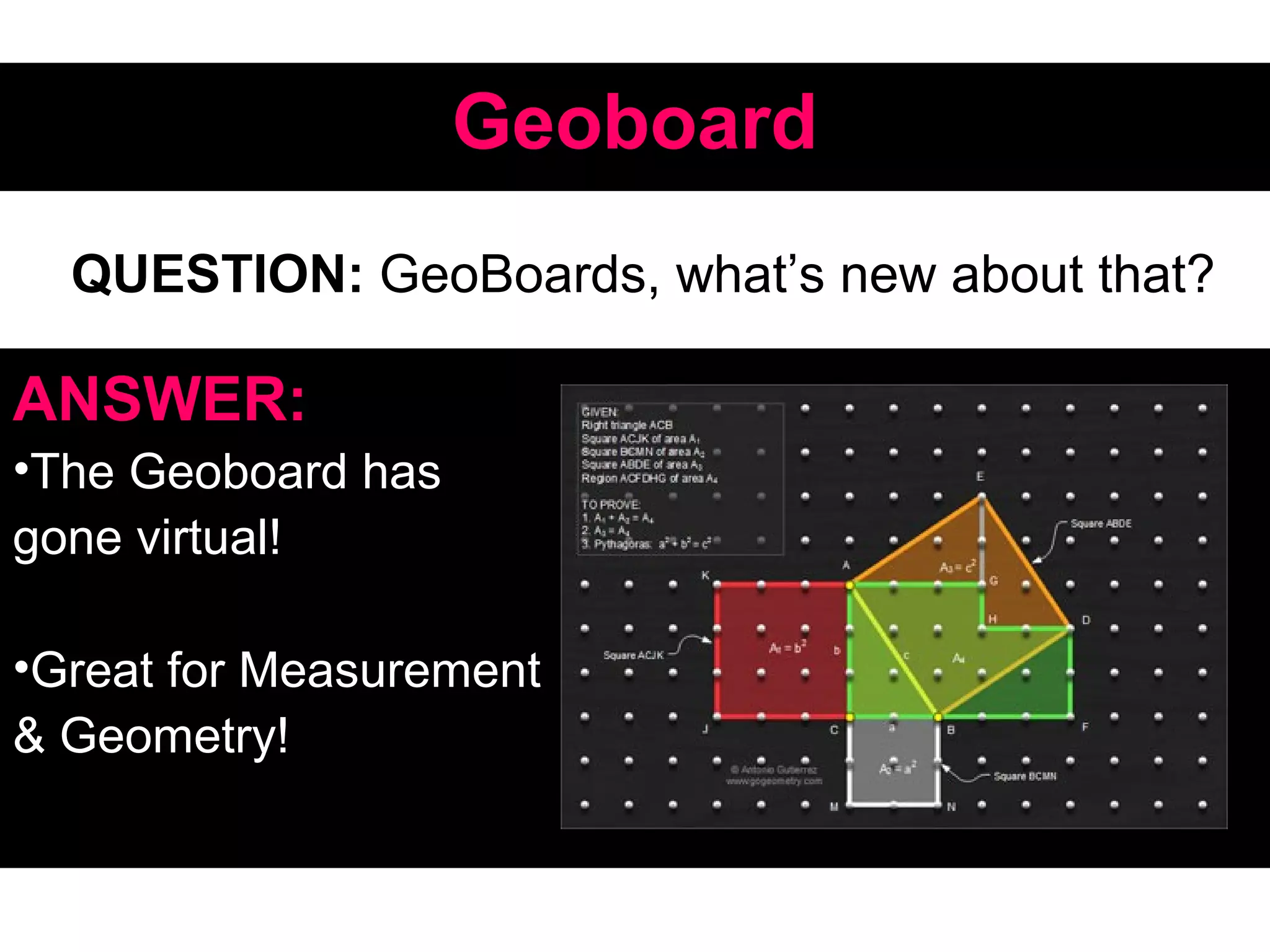GeoboardGeoboard
ANSWER:
•The Geoboard has
gone virtual!
•Great for Measurement
& Geometry!
QUESTION: GeoBoards, what’s new about that?
 