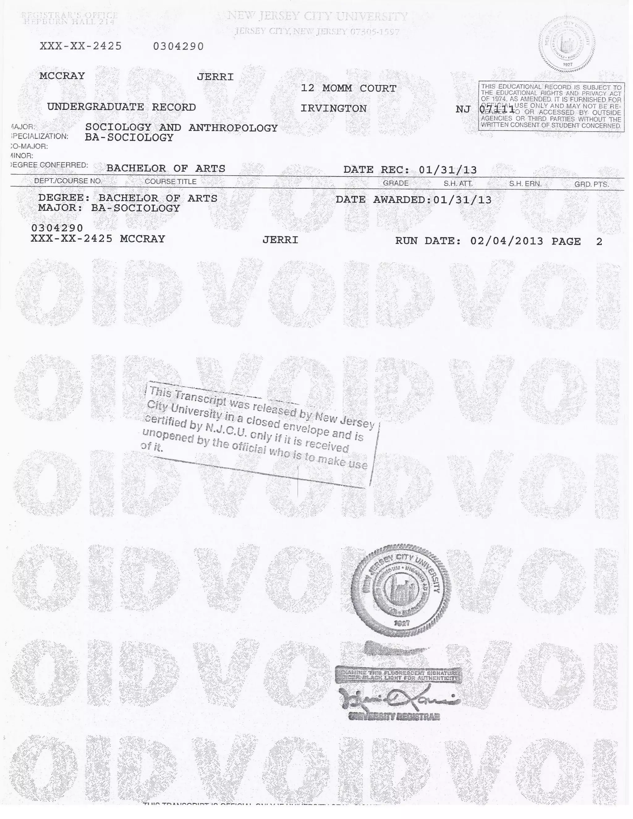 BA Transcript and Degree