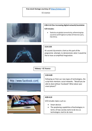 2:06-3:14 Our increasing digital network/revolution
V/O includes:
 Statistics onglobal connectivity, referencingtop
countrieswithhighestnumberof Internetusers,
like China.
Free stock footage courtesy of https://vimeo.com
CC Licence
3:14-3:59
45 second clip remains silent as this part of the
programme attempts to demonstrate what it would be
like to have an amplified imagination.
Videezy – CC licence
3:59-4:09
Following on from our new types of technologies, the
script here mentions social networks. “Would you be
able to deal without Facebook? What about your
smart phone?”
4:09-4:19
V/O includes topics such as:
 Smart devices
 The perplexing capabilities of technologies in
terms of how society starts to do less as
technologies start to do more
 