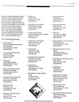 .._ ._......... . . . . .
--
c
Many personal decisions go into tree
planting. In areas with hot summers
and cold winters it isbest to plant
deciduous trees. These trees will
provide shade in the suITuIIer but will
allow desired sunlight to pass through
in colder months. Some trees are
better than others for providing a
buffer against noise and unsightly
views. Also,personal expectations
should be considered. Do you want
trees that produce shade, food, fire-
wood, or just a beautifuI scene?
I
TreePlantinP Grouvs
Magic, Inc.
P.O. Box 5894
Stanford,CA 94309
(415)323-7333
City BeautificationBoard
4527Shemood Trace
Gainesville, FL 32605
(904)378-3671
Children's Rainforest
Florida's International University
Miami, FL 33199
(309)554-3083
Outdoor ActivitiesCenter
V I~ ~
Global ReLeaf
American ForestryAssociation
P.O. Box 2000
1442Richland Rd., SW
Atlanta, GA 30310
(404)752-5385
Washington, DC 20013
(202)667-3300 TreesAtlanta
96 Poplar St., NW
Tucson Clean and Beautiful
P.O. Box 27210 .
Tucson,AZ 85726
(602) 791-3109
TreePeople
12601Mulholland Dr.
Beverly Hills, CA 90210
(818)769-2663
Friends of the Urban Forest
783 Buena Vista West
Atlanta, GA 30303
(404)522-4097
SavannahTree Foundation
12730Rockwell Ave.
Savannah, GA 31419
(912)925-7250
TmsForever
519042nd St., NE
Cedar Rapids, LA 52403
(319)393-6930
.A
San Francisco,CA 94117
Mid-Western Urban Forestry
Center
(415)391-7544
SacnmentoTree Foundation
1550River Parks, #208
Sacramento, CA 95815 -
179South Home
Franklin, IN 46131
(317)736-9500
-(916)924-8733
People for Trees
4%3 Muir Ave.
San Diego, CA 92107
(619)450-3957
Orange Co. CatholicWorker
311S. Main St.
Sanh Ana, CA 92701
(714)835-6304
Trees for Life, Inc.
1103Jefferson
Wichita, KS 67203
(316)263-7294
Division of Planning
200 E. Main St.
Lexington,KY 40507
(606)258-3160
Trees,Inc.
401 Fiscal Court Bldg.
LouisvilIe,KY 40202
(502)625-5783
Western MLEnv. Action Council
1432Wealthy,SE
Grand Rapids, MI 49506
(616)451-3051
Minneapolis ShadeTree Adv.
CO".
1201Marquette Ave.
Minneapolis, MN 55.103
(612)332-1184
NYC StreetTree Consortium, Inc.
15W. 61st St.
New York, NY 10023
(212)830-7992
0 TreefoIks, Inc.
1710Eva St
Austin,TX 78704
(512)447-9706
DallasPark Foundation
400 S. Record, 6th Floor
CommunicationsCenter
Dallas, TX 75265
(214)977-6653
Salt Lake Tree Trust
736 East 800South
Salt Lake City, UT 84102
(8011355-2265
The WinMer BotanicalPreserve
1900N. Beauregard
Alexandria,VA 22311
(703)998-0400
P.0. BOX AA. STANFORD,CA W309,(415) 321-1990
 