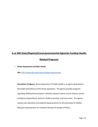 IL or MO State/Regional/Local governmental Agencies Funding Health
Related Programs
I. Illinois Department of Public Health
URL: http://www.dph.illinois.gov/funding-opportunities
Description of Agency: Illinois Department of Public Health is an agency dedicated to
the health and wellness of the Illinois population. The agency provides programs
regarding childhood immunization, infectious disease control, chronic disease control,
emergency preparedness, women’s health promotion, and many more. The agency
actively uses education and evidence-based practices for the promotion of healthy
lifestyles and prevention of unhealthy lifestyles for people of Illinois.
Page | 12
 