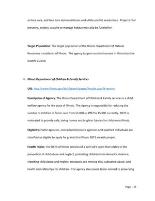 on tree care, and tree care demonstrations and utility conflict resolutions. Projects that
preserve, protect, acquire or manage habitat may also be funded for.
Target Population: The target population of the Illinois Department of Natural
Resources is residents of Illinois. The agency targets not only humans in Illinois but the
wildlife as well.
III. Illinois Department of Children & Family Services
URL: http://www.illinois.gov/dcfs/search/pages/Results.aspx?k=grants
Description of Agency: The Illinois Department of Children & Family services is a child
welfare agency for the state of Illinois. The Agency is responsible for reducing the
number of children in foster care from 51,000 in 1997 to 15,000 currently. DCFS is
motivated to provide safe, loving homes and brighter futures for children in Illinois.
Eligibility: Public agencies, incorporated private agencies and qualified individuals are
classified as eligible to apply for grants that Illinois DCFS awards people.
Health Topics: The DCFS of Illinois consists of a safe kid’s topic that relates to the
prevention of child abuse and neglect, protecting children from domestic violence,
reporting child abuse and neglect, runaways and missing kids, substance abuse, and
health and safety tips for children. The agency also covers topics related to preserving
Page | 15
 