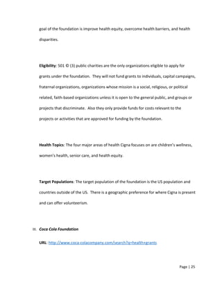 goal of the foundation is improve health equity, overcome health barriers, and health
disparities.
Eligibility: 501 © (3) public charities are the only organizations eligible to apply for
grants under the foundation. They will not fund grants to individuals, capital campaigns,
fraternal organizations, organizations whose mission is a social, religious, or political
related, faith-based organizations unless it is open to the general public, and groups or
projects that discriminate. Also they only provide funds for costs relevant to the
projects or activities that are approved for funding by the foundation.
Health Topics: The four major areas of health Cigna focuses on are children’s wellness,
women’s health, senior care, and health equity.
Target Populations: The target population of the foundation is the US population and
countries outside of the US. There is a geographic preference for where Cigna is present
and can offer volunteerism.
III. Coca Cola Foundation
URL: http://www.coca-colacompany.com/search?q=health+grants
Page | 25
 