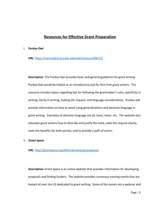 Resources for Effective Grant Preparation
I. Purdue Owl
URL: https://owl.english.purdue.edu/owl/resource/981/1/
Description: The Purdue Owl provides basic and general guidelines for grant writing.
Purdue Owl would be helpful as an introductory tool for first time grant writers. The
resource includes topics regarding tips for following the grantmaker’s rules, specificity in
writing, clarity in writing, making the request, and language considerations. Purdue owl
provide information on how to avoid using generalizations and absolute language in
grant writing. Examples of absolute language are all, none, never, etc. The website also
educates grant writers how to describe and justify the need, state the request clearly,
state the benefits for both parties, and to provide a path of action.
II. Grant Space
URL: http://grantspace.org/Skills/developing-proposals
Description: Grant Space is an online website that provides information for developing
proposals and finding funders. The website provides numerous training events that are
hosted all over the US dedicated to grant writing. Some of the events are a webinar and
Page | 3
 