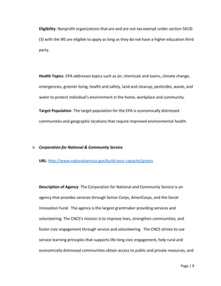 Eligibility: Nonprofit organizations that are and are not tax exempt under section 501©
(3) with the IRS are eligible to apply as long as they do not have a higher education third
party.
Health Topics: EPA addresses topics such as air, chemicals and toxins, climate change,
emergencies, greener living, health and safety, land and cleanup, pesticides, waste, and
water to protect individual’s environment in the home, workplace and community.
Target Population: The target population for the EPA is economically distressed
communities and geographic locations that require improved environmental health.
II. Corporation for National & Community Service
URL: http://www.nationalservice.gov/build-your-capacity/grants
Description of Agency: The Corporation for National and Community Service is an
agency that provides services through Senior Corps, AmeriCorps, and the Social
Innovation Fund. The agency is the largest grantmaker providing services and
volunteering. The CNCS’s mission is to improve lives, strengthen communities, and
foster civic engagement through service and volunteering. The CNCS strives to use
service learning principles that supports life-long civic engagement, help rural and
economically distressed communities obtain access to public and private resources, and
Page | 9
 