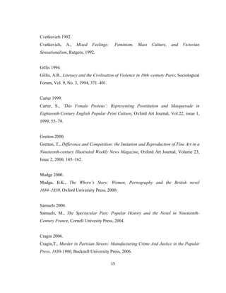 15
Cvetkovich 1992.
Cvetkovich, A., Mixed Feelings: Feminism, Mass Culture, and Victorian
Sensationalism, Rutgers, 1992.
Gillis 1994.
Gillis, A.R., Literacy and the Civilisation of Violence in 19th‒century Paris, Sociological
Forum, Vol. 9, No. 3, 1994, 371‒401.
Carter 1999.
Carter, S., ‘This Female Proteus’: Representing Prostitution and Masquerade in
Eighteenth-Century English Popular Print Culture, Oxford Art Journal, Vol.22, issue 1,
1999, 55‒79.
Gretton 2000.
Gretton, T., Difference and Competition: the Imitation and Reproduction of Fine Art in a
Nineteenth-century Illustrated Weekly News Magazine, Oxford Art Journal, Volume 23,
Issue 2, 2000, 145‒162.
Mudge 2000.
Mudge, B.K., The Whore’s Story: Women, Pornography and the British novel
1684‒1830, Oxford University Press, 2000.
Samuels 2004.
Samuels, M., The Spectacular Past: Popular History and the Novel in Nineteenth-
Century France, Cornell Univesity Press, 2004.
Cragin 2006.
Cragin,T., Murder in Parisian Streets: Manufacturing Crime And Justice in the Popular
Press, 1830-1900, Bucknell University Press, 2006.
 