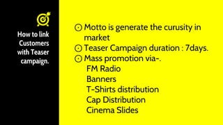 How to link
Customers
with Teaser
campaign.
⊙ Motto is generate the curusity in
market
⊙ Teaser Campaign duration : 7days.
⊙ Mass promotion via-.
FM Radio
Banners
T-Shirts distribution
Cap Distribution
Cinema Slides
 