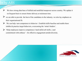 



ABS
Why ABS
We have strong data base of skilled and unskilled manpower across country. We update it
on frequent basis to ensure better delivery at minimum time.
we are able to provide the best of the candidates in the industry. we also lay emphasis on
their organizational fit.
We can help turn competence to behavior : Establish skills baseline and enable them
imbibe & practice target behaviors, overcoming the ‘mind- binders’.
‘Help employees improve competence ( hard skills/soft skills..) and
commitment with enthuse’ - for effective engagement amidst diversity.
 