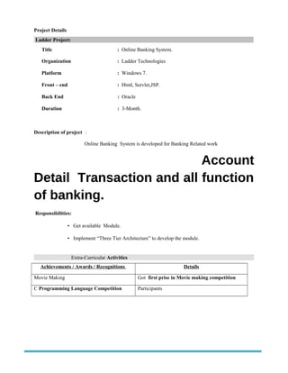 Project Details
Ladder Project:
Title : Online Banking System.
Organization : Ladder Technologies
Platform : Windows 7.
Front – end : Html, Servlet,JSP.
Back End : Oracle
Duration : 3-Month.
Description of project :
Online Banking System is developed for Banking Related work
Account
Detail Transaction and all function
of banking.
Responsibilities:
• Get available Module.
• Implement “Three Tier Architecture” to develop the module.
Extra-Curricular Activities
Achievements / Awards / Recognitions Details
Movie Making Got first prise in Movie making competition
C Programming Language Competition Participants
 