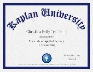 July 2016
Associate of Applied Science
Graduation Date:
in Accounting
Christina Kelly Trainham
has earned the
 