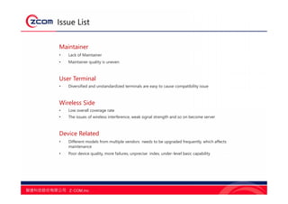 Issue List
Maintainer
• Lack of Maintainer
• Maintainer quality is uneven
User Terminal
• Diversified and unstandardized terminals are easy to cause compatibility issue
Wireless Side
• Low overall coverage rate
• The issues of wireless interference, weak signal strength and so on become server
Device Related
• Different models from multiple vendors needs to be upgraded frequently, which affects
maintenance
• Poor device quality, more failures, unprecise index, under-level basic capability
 