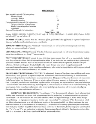 ASSIGNMENTS
Speeches (40% of grade/200 total points):
Identity Speech 25
Advocacy Speech 75
Group Presentation 100
Participation (40% of grade/200 total points):
Written reflections in large lecture 100
Graded group discussions/activities 50
Attendance 50
Quizzes (20% of grade/100 total points): 100
Total Points: 500
Grades: 90-100% (448-500)= A; 80-89% (398-447 pts.) = B; 70-79% (348-397pts.) = C; 60-69% (298-347 pts.)= D; 59%
and below (297 pts. and below) = F
IDENTITY SPEECH (25 points): With this 3-4 minute speech, you will have the opportunity to explore what person or
life event has had a significant influence upon your identity.
ADVOCACY SPEECH (75 points): With this 5-7 minute speech, you will have the opportunity to advocate for a
solution to a controversial topic of interest.
GROUP PRESENTATIONS (100 points): With this 8-10 minute group speech, you will have the opportunity to apply a
course concept of interest to a fitting TV show or movie.
WRITTEN REFLECTIONS (100 points): In most of the large lecture classes, there will be an opportunity for students
to do short reflective writings, for which you will receive points. If you are in class and complete the work, you typically
receive full credit for the work. You will only receive less than full credit if there are significant problems with your
reflection. Reflective writings are directly linked to what we are doing in large lecture on a particular day and
consequently cannot be made up. In the case of excused absences only, missed written reflections will be exempt; missed
written reflections due to unexcused absences will earn a 0.
GRADED GROUP DISCUSSIONS/ACTIVITIES (50 points total): In some of the classes, there will be a small group
discussion on a set of questions on a particular topic for 20-30 minutes. Discussion questions may be based on written
reflections in large lecture or on other topics reviewed in recitation. The purpose of the group discussion is to reach some
kind of group insight into the answers. If given in advance, please bring your responses to the discussion questions to
class. Along with your individual submissions, my observations of the group, and a presentation of your group’s findings,
a recorder will fill out a sheet summarizing the main points of your discussion; all of these will be used in determining the
group’s grade. In the case of excused absences only, missed graded group discussions will be exempt; missed group
discussions due to unexcused absences will earn a 0.
GRADING OF THE DISCUSSIONS: You will earn a “1” for discussions with substance (i.e., it reflects critical
thinking upon the readings and lecture, ALL group members worked productively to achieve insight into the questions).
You will earn a “.5” for discussions that have some substance yet are lacking in some way (i.e., do not reflect enough
critical thinking, 1 or 2 group members strayed from the topic periodically). You will earn a "0" for discussions in which
you did not submit a response as an individual group member, or discussions in which you did not participate due to an
unexcused absence, or for discussions with no substance (i.e., little to no critical thinking upon reading and lecture ideas,
most or all group members strayed from the topic at hand). At the end of the semester, I will average your scores together
(the "1"s, ".5"s, and "0"s) and use this total to determine the percentage of points allotted for the discussion portion of the
grade (e.g., an average of .8 will earn a student 80% of the points or 40 points).
 