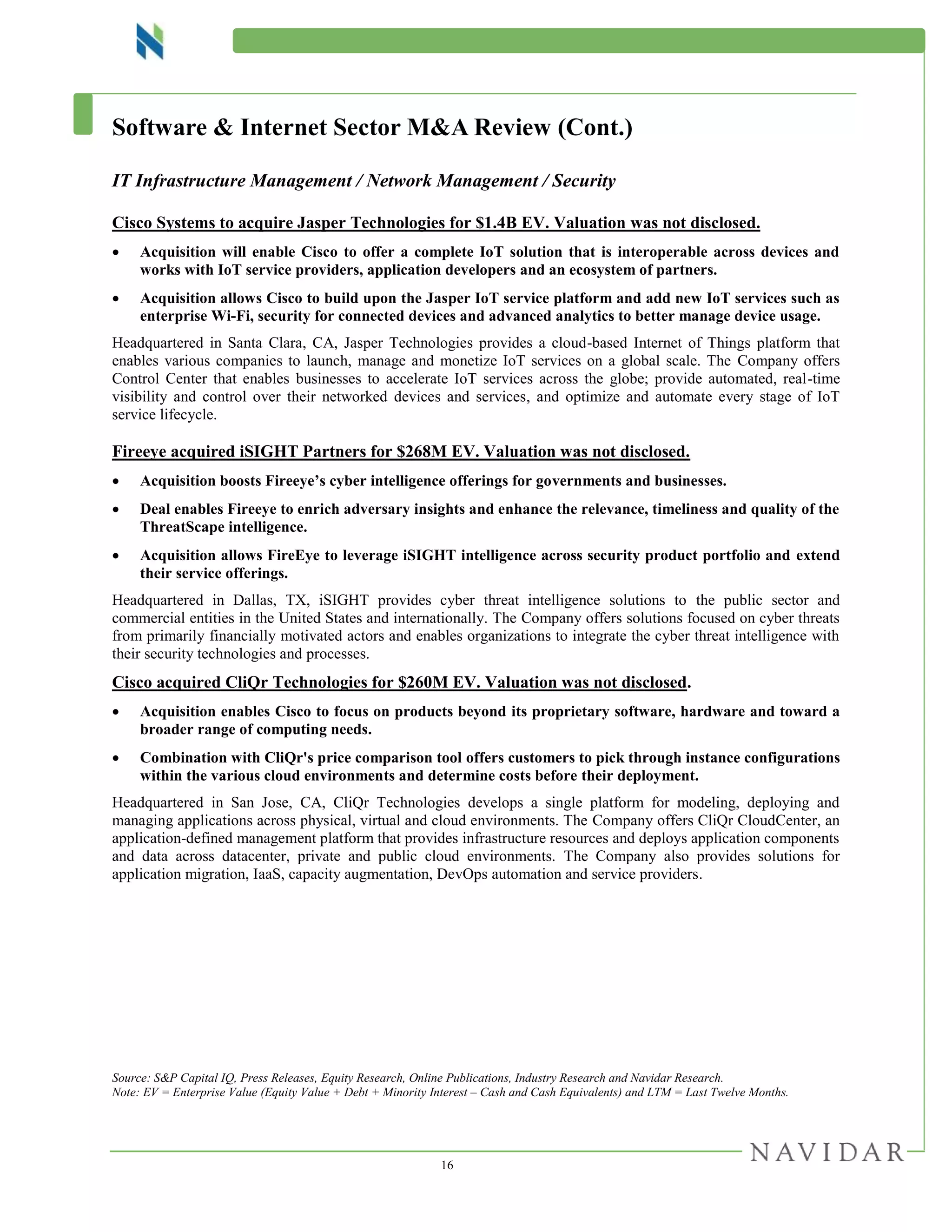 16
Software & Internet Sector M&A Review (Cont.)
IT Infrastructure Management / Network Management / Security
Cisco Systems to acquire Jasper Technologies for $1.4B EV. Valuation was not disclosed.
 Acquisition will enable Cisco to offer a complete IoT solution that is interoperable across devices and
works with IoT service providers, application developers and an ecosystem of partners.
 Acquisition allows Cisco to build upon the Jasper IoT service platform and add new IoT services such as
enterprise Wi-Fi, security for connected devices and advanced analytics to better manage device usage.
Headquartered in Santa Clara, CA, Jasper Technologies provides a cloud-based Internet of Things platform that
enables various companies to launch, manage and monetize IoT services on a global scale. The Company offers
Control Center that enables businesses to accelerate IoT services across the globe; provide automated, real-time
visibility and control over their networked devices and services, and optimize and automate every stage of IoT
service lifecycle.
Fireeye acquired iSIGHT Partners for $268M EV. Valuation was not disclosed.
 Acquisition boosts Fireeye’s cyber intelligence offerings for governments and businesses.
 Deal enables Fireeye to enrich adversary insights and enhance the relevance, timeliness and quality of the
ThreatScape intelligence.
 Acquisition allows FireEye to leverage iSIGHT intelligence across security product portfolio and extend
their service offerings.
Headquartered in Dallas, TX, iSIGHT provides cyber threat intelligence solutions to the public sector and
commercial entities in the United States and internationally. The Company offers solutions focused on cyber threats
from primarily financially motivated actors and enables organizations to integrate the cyber threat intelligence with
their security technologies and processes.
Cisco acquired CliQr Technologies for $260M EV. Valuation was not disclosed.
 Acquisition enables Cisco to focus on products beyond its proprietary software, hardware and toward a
broader range of computing needs.
 Combination with CliQr's price comparison tool offers customers to pick through instance configurations
within the various cloud environments and determine costs before their deployment.
Headquartered in San Jose, CA, CliQr Technologies develops a single platform for modeling, deploying and
managing applications across physical, virtual and cloud environments. The Company offers CliQr CloudCenter, an
application-defined management platform that provides infrastructure resources and deploys application components
and data across datacenter, private and public cloud environments. The Company also provides solutions for
application migration, IaaS, capacity augmentation, DevOps automation and service providers.
Source: S&P Capital IQ, Press Releases, Equity Research, Online Publications, Industry Research and Navidar Research.
Note: EV = Enterprise Value (Equity Value + Debt + Minority Interest – Cash and Cash Equivalents) and LTM = Last Twelve Months.
 