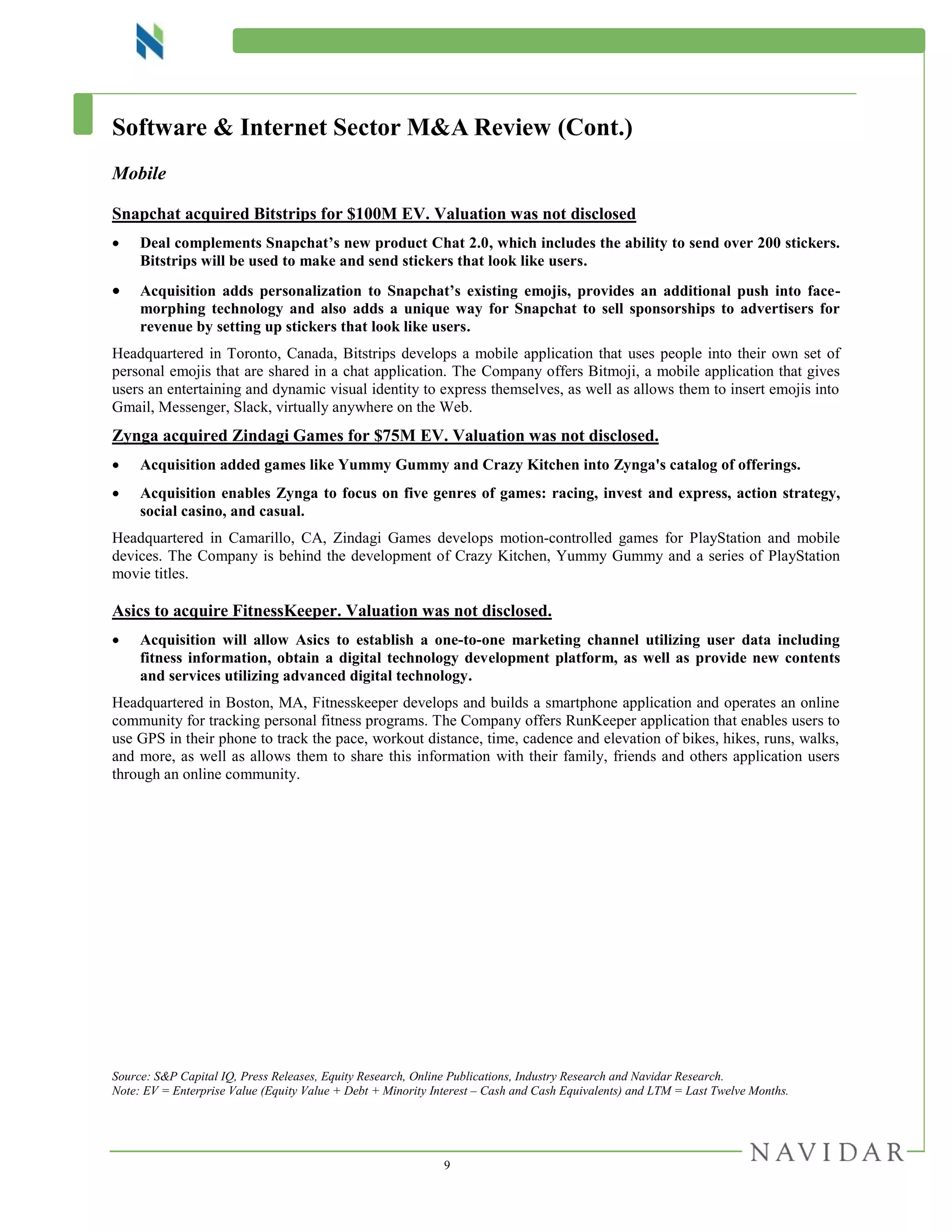 9
Software & Internet Sector M&A Review (Cont.)
Mobile
Snapchat acquired Bitstrips for $100M EV. Valuation was not disclosed
 Deal complements Snapchat’s new product Chat 2.0, which includes the ability to send over 200 stickers.
Bitstrips will be used to make and send stickers that look like users.
 Acquisition adds personalization to Snapchat’s existing emojis, provides an additional push into face-
morphing technology and also adds a unique way for Snapchat to sell sponsorships to advertisers for
revenue by setting up stickers that look like users.
Headquartered in Toronto, Canada, Bitstrips develops a mobile application that uses people into their own set of
personal emojis that are shared in a chat application. The Company offers Bitmoji, a mobile application that gives
users an entertaining and dynamic visual identity to express themselves, as well as allows them to insert emojis into
Gmail, Messenger, Slack, virtually anywhere on the Web.
Zynga acquired Zindagi Games for $75M EV. Valuation was not disclosed.
 Acquisition added games like Yummy Gummy and Crazy Kitchen into Zynga's catalog of offerings.
 Acquisition enables Zynga to focus on five genres of games: racing, invest and express, action strategy,
social casino, and casual.
Headquartered in Camarillo, CA, Zindagi Games develops motion-controlled games for PlayStation and mobile
devices. The Company is behind the development of Crazy Kitchen, Yummy Gummy and a series of PlayStation
movie titles.
Asics to acquire FitnessKeeper. Valuation was not disclosed.
 Acquisition will allow Asics to establish a one-to-one marketing channel utilizing user data including
fitness information, obtain a digital technology development platform, as well as provide new contents
and services utilizing advanced digital technology.
Headquartered in Boston, MA, Fitnesskeeper develops and builds a smartphone application and operates an online
community for tracking personal fitness programs. The Company offers RunKeeper application that enables users to
use GPS in their phone to track the pace, workout distance, time, cadence and elevation of bikes, hikes, runs, walks,
and more, as well as allows them to share this information with their family, friends and others application users
through an online community.
Source: S&P Capital IQ, Press Releases, Equity Research, Online Publications, Industry Research and Navidar Research.
Note: EV = Enterprise Value (Equity Value + Debt + Minority Interest – Cash and Cash Equivalents) and LTM = Last Twelve Months.
 