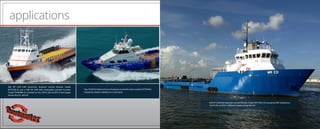 applications
200 HP (150 kW) aluminum hydraulic tunnel thruster model
30TT200-AL and a 400 HP (300 kW) retractable azimuth thruster
model TH400RN-AL installed on the 190 ft (58 m) DPS-2 Fast Supply
Vessel Alice G. McCall.
Two70HP(52kW)aluminumhydraulictunnelthrustersmodel16TT70HAL
classed by Lloyds installed on a crew boat.
250 HP (190 kW) hydraulic tunnel thruster model 36TT250-CS classed by ABS installed on
150 ft (45 m) DPS-1 Offshore Supply Vessel Mr. Ed.
 