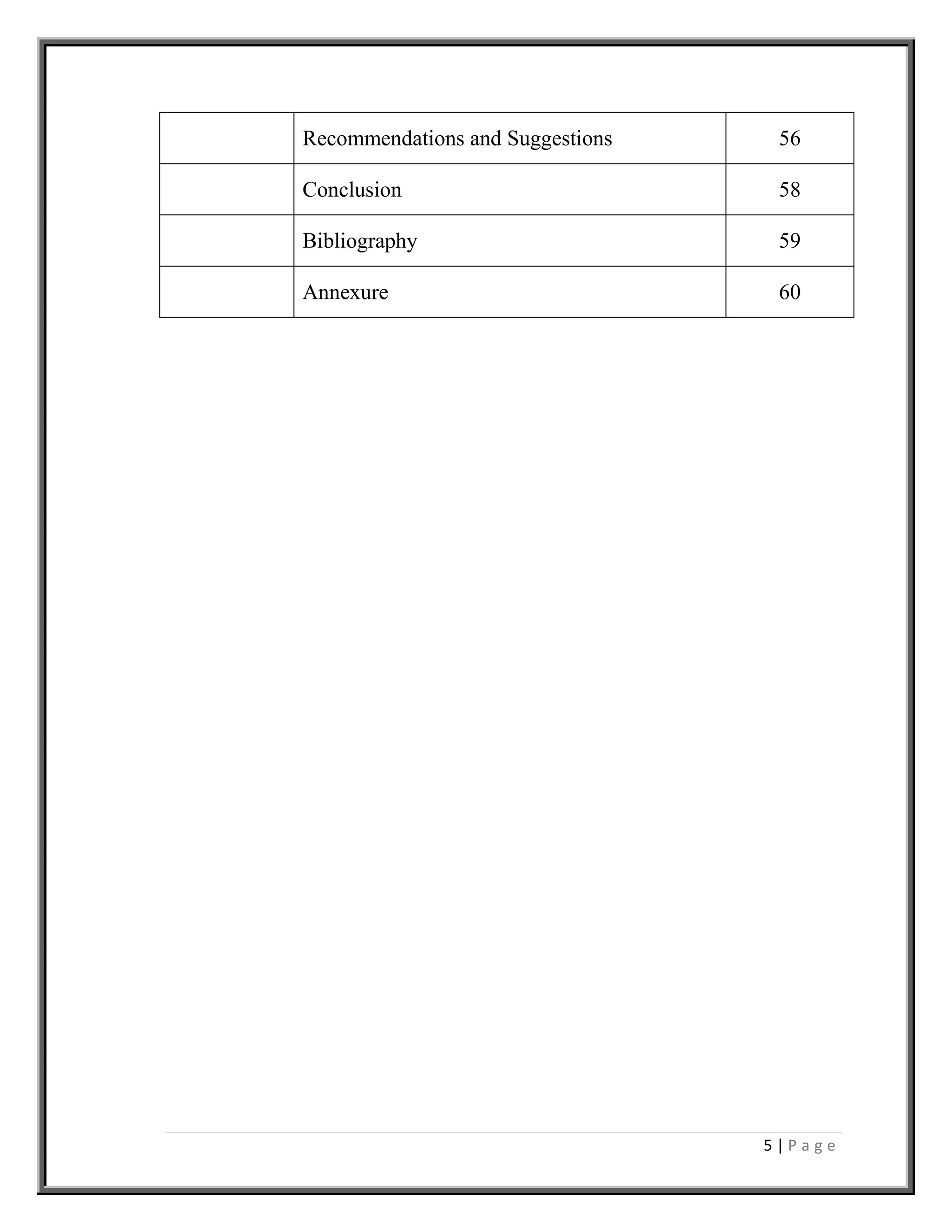 5 | P a g e
Recommendations and Suggestions 56
Conclusion 58
Bibliography 59
Annexure 60
 