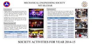 MECHANICAL ENGINEERING SOCIETY
NIT SILCHAR
SOCIETY ACTIVITIES FOR YEAR 2014-15
 