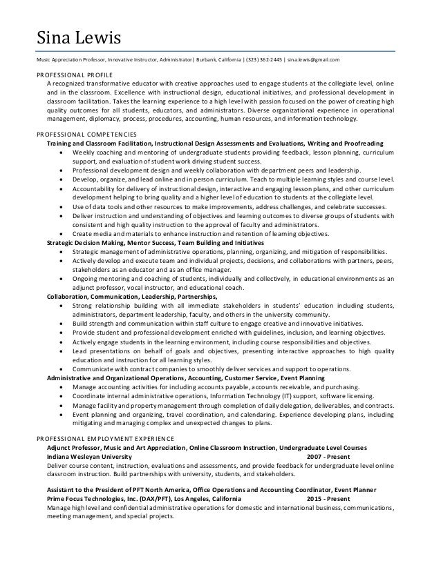 sina lewis cv professor of music cv of assistant professor in management