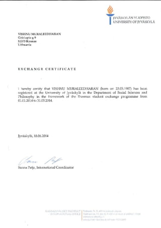Jyvaskyla University Erasmus Confirmation