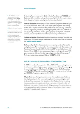 11 			 SCALEUP INSTITUTE | www.scaleupinstitute.org.uk | @scaleupinst | #scaleup
Productivity Report written by the Goldman Sachs Foundation and 10,000 Small
Businesses UK, showed that scaleups demonstrate high levels of innovation, strong
levels of export orientation and a high level of internationalisation.9
Scaleups and sectors: These scaleup business leaders truly represent the diversity of
our nation and sectors. In our 2016 survey alone, we had responses from scaleup
leaders from a range of sectors including construction, manufacturing, automotive,
chemical engineering, advertising, marketing, hospitality, retail, food and drink, oil
and gas, energy and utilities, creative, games, property development, fintech, life
sciences, recruitment, education, healthcare, consultancy and IT/software.
Scaleups and location: Scaleups are found in all regions and nations of the UK as was
noted in our 2014 report and can now be seen on our new map of their locations via
the ScaleUp Institute website.10
Scaleups and gender: It is also clear that we have a growing number of female-led
scaling businesses. This is evidenced by the work undertaken with Doteveryone and
Founders4schools released in 2016 that identified 927 female-led businesses with
between £1m to £250m in revenues are expanding at a median growth rate of 28%
per annum, whilst 336 were found to be growing at more than 50% per annum.11
Their contribution was an additional £2bn to UK GDP in 2015.
B) SCALEUP INDICATORS FROM A NATIONAL PERSPECTIVE:
In 2014, the number of scaleups in the UK was 10,754.12
The annual target was set
to achieve one additional net scaleup per capita on a national basis. It is encouraging
to report that the number of businesses in the UK that can be classified as scaleups
rose to 11,575 in 2015, which exceeds the target set. The average number of scaleups
per 100,000 of population registers at 18 in 2015.
Chapter 1 addresses the importance of a service that would allow stakeholders to
identify the scaleups in their area on a timely basis, therefore avoiding the need
to devote finite resources to their detection and verification. Monitoring scaleup
indicators enables us to evaluate and roll out interventions that work, and to roll
back those interventions that do not work. Using a consistent framework allows us
to compare apples to apples to enable us to learn what works best in one area and
establish if it could be useful elsewhere.
9	 The 2015 Goldman Sachs
Foundation and 10,000 Small
Businesses UK report “Unlocking
Productivity.” Accessed on 9 Nov
2016 at www.goldmansachs.com/
citizenship/10000-small-businesses/
UK/news-and-events/gew-2015-f/
unlocking-uk-productivity.pdf
10	 Based on Companies House data
11	 www.slideshare.net/sherrycoutu1/
scale-up-deck-for-bbaa-1-nov-2016
12	 ONS Business Structure
Database based on IDBR (Figures
may differ by small amounts from
those published in ONS outputs
due to the application of rounding
methodologies).
EXECUTIVE SUMMARY
 