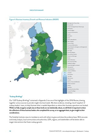 14 			 SCALEUP INSTITUTE | www.scaleupinstitute.org.uk | @scaleupinst | #scaleup
Figure 4: Business Inventory Growth and Revenue Indicators (BIGRI)
“Scaleup Briefings”
Our “LEP Scaleup Briefings” contained in Appendix 2 are one of the highlights of the 2016 Review, drawing
together various sources to provide insight into local needs. We share evidence, including a local ‘snapshot’ of
scaleup leaders’ views, to help illustrate what is needed dependent on where their business operations are located.
Whilst we fully recognise sample sizes at these levels are not statistically robust, we still think it important to share
the reflections of those business leaders who completed the survey, on an aggregate basis, to give insight to their
considerations.
The ScaleUp Institute views its mandate to work with others to grow and share the evidence base. With accurate
and timely analysis, local communities and authorities, LEPs, regions, and stakeholders will be better able to
target interventions that foster scaleup growth.
FOUNDERS4SCHOOLS BUSINESS INVENTORY
GROWTH AND REVENUE INDICATOR MAP
Number of indicators ranked in lowest third, by LEP (max 12)
0 Buckinghamshire Thames Valley
0 Enterprise M3
0 Greater Cambridge  Greater Peterborough
0 Hertfordshire
0 Leeds City Region
0 Leicester and Leicestershire
0 London
0 Oxfordshire
0 Solent
0 Thames Valley Berkshire
0 West of England
1 Coast to Capital
1 Coventry and Warwickshire
1 Derby, Derbyshire, Nottingham and Nottinghamshire
1 Gloucestershire
1 New Anglia
1 South East Midlands
1 York and North Yorkshire
2 Cheshire and Warrington
2 Dorset
2 Dorset
2 Greater Manchester
2 Heart of the South West
2 Sheffield City Region
3 Greater Birmingham and Solihull
3 Worcestershire
4 Northamptonshire
5 Swindon and Wiltshire
8 Lancashire
8 North Eastern
9 Tees Valley
10 Black Country
10 Cumbria
10 Stoke-on-Trent and Staffordshire
11 Greater Lincolnshire
11 Humber
11 South East
12 Cornwall and the Isles of Scilly
12 Liverpool City Region
12 The Marches
EXECUTIVE SUMMARY
0 Buckinghamshire Thames Valley
0 Enterprise M3
0 Greater Cambridge  Greater Peterborough
0 Hertfordshire
0 Leeds City Region
0 Leicester and Leicestershire
0 London
0 Oxfordshire
0 Solent
0 Thames Valley Berkshire
0 West of England
1 Coast to Capital
1 Coventry and Warwickshire
1 Derby, Derbyshire, Nottingham and Nottinghamshire
1 Gloucestershire
1 New Anglia
1 South East Midlands
1 York and North Yorkshire
2 Cheshire and Warrington
2 Dorset
2 Dorset
2 Greater M
2 Heart of th
2 Sheffield C
3 Greater Bi
3 Worcester
4 Northamp
5 Swindon an
8 Lancashire
8 North East
9 Tees Valley
10 Black Cou
10 Cumbria
10 Stoke-on-
11 Greater Lin
11 Humber
11 South East
12 Cornwall a
12 Liverpool C
12 The March0 Buckinghamshire Thames Valley
0 Enterprise M3
0 Greater Cambridge  Greater Peterborough
0 Hertfordshire
0 Leeds City Region
0 Leicester and Leicestershire
0 London
0 Oxfordshire
0 Solent
0 Thames Valley Berkshire
0 West of England
1 Coast to Capital
1 Coventry and Warwickshire
1 Derby, Derbyshire, Nottingham and Nottinghamshire
1 Gloucestershire
1 New Anglia
1 South East Midlands
1 York and North Yorkshire
2 Cheshire and Warrington
2 Dorset
2 Dorset
2 Greater Manchester
2 Heart of the South West
2 Sheffield City Region
3 Greater Birmingham and Solihull
3 Worcestershire
4 Northamptonshire
5 Swindon and Wiltshire
8 Lancashire
8 North Eastern
9 Tees Valley
10 Black Country
10 Cumbria
10 Stoke-on-Trent and Staffordshire
11 Greater Lincolnshire
11 Humber
11 South East
12 Cornwall and the Isles of Scilly
12 Liverpool City Region
12 The Marches
 