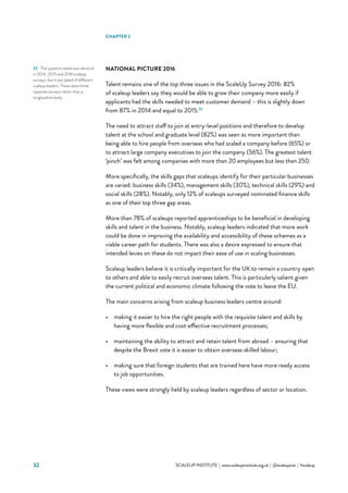 32 			 SCALEUP INSTITUTE | www.scaleupinstitute.org.uk | @scaleupinst | #scaleup
NATIONAL PICTURE 2016
Talent remains one of the top three issues in the ScaleUp Survey 2016: 82%
of scaleup leaders say they would be able to grow their company more easily if
applicants had the skills needed to meet customer demand – this is slightly down
from 87% in 2014 and equal to 2015.22
The need to attract staff to join at entry-level positions and therefore to develop
talent at the school and graduate level (82%) was seen as more important than
being able to hire people from overseas who had scaled a company before (65%) or
to attract large company executives to join the company (56%). The greatest talent
‘pinch’ was felt among companies with more than 20 employees but less than 250.
More specifically, the skills gaps that scaleups identify for their particular businesses
are varied: business skills (34%), management skills (30%), technical skills (29%) and
social skills (28%). Notably, only 12% of scaleups surveyed nominated finance skills
as one of their top three gap areas.
More than 78% of scaleups reported apprenticeships to be beneficial in developing
skills and talent in the business. Notably, scaleup leaders indicated that more work
could be done in improving the availability and accessibility of these schemes as a
viable career path for students. There was also a desire expressed to ensure that
intended levies on these do not impact their ease of use in scaling businesses.
Scaleup leaders believe it is critically important for the UK to remain a country open
to others and able to easily recruit overseas talent. This is particularly salient given
the current political and economic climate following the vote to leave the EU.
The main concerns arising from scaleup business leaders centre around:
•	 making it easier to hire the right people with the requisite talent and skills by
having more flexible and cost-effective recruitment processes;  
•	 maintaining the ability to attract and retain talent from abroad – ensuring that
despite the Brexit vote it is easier to obtain overseas skilled labour;
•	 making sure that foreign students that are trained here have more ready access
to job opportunities.
These views were strongly held by scaleup leaders regardless of sector or location.
22	 The question asked was identical
in 2014, 2015 and 2016 scaleup
surveys, but it was asked of different
scaleup leaders. These were three
separate surveys rather than a
longitudinal study
CHAPTER 2
 