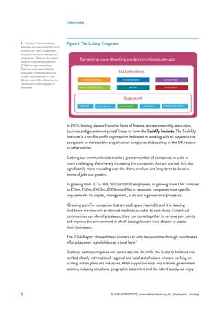 5 			 SCALEUP INSTITUTE | www.scaleupinstitute.org.uk | @scaleupinst | #scaleup
2	 It is clear from international
examples and case studies that ‘local’
is the correct ‘body’ to implement
ecosystem economic development
programmes. There are also reports
issued by Lord Sainsbury and Jim
O’Neill on clusters and cities.
The point made here is that the
‘ecosystem’ sometimes exists in a
‘cluster’ and sometimes in a ‘city’.
We are aware of the differences, but
use the terms interchangeably in
this review.
FOREWORD
Figure 1: The Scaleup Ecosystem
In 2015, leading players from the fields of finance, entrepreneurship, education,
business and government joined forces to form the ScaleUp Institute. The ScaleUp
Institute is a not-for-profit organisation dedicated to working with all players in the
ecosystem to increase the proportion of companies that scaleup in the UK relative
to other nations.
Getting our communities to enable a greater number of companies to scale is
more challenging than merely increasing the companies that are started. It is also
significantly more rewarding over the short, medium and long-term to do so in
terms of jobs and growth.
In growing from 10 to 100, 500 or 1,000 employees, or growing from £1m turnover
to £10m, £50m, £100m, £500m or £1bn in revenues, companies have specific
requirements for capital, management, skills and organisational processes.
‘Growing pains’ in companies that are scaling are inevitable and it is pleasing
that there are now well-evidenced methods available to ease these. Once local
communities can identify scaleups, they can come together to remove pain points
and improve the environment in which scaleup leaders have chosen to locate
their businesses.
The 2014 Report showed these barriers can only be overcome through coordinated
efforts between stakeholders at a local level.2
Scaleups exist countrywide and across sectors. In 2016, the ScaleUp Institute has
worked closely with national, regional and local stakeholders who are working on
scaleup action plans and initiatives. With supportive local and national government
policies, industry structure, geographic placement and the talent supply we enjoy
 
