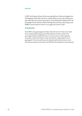 67 			 SCALEUP INSTITUTE | www.scaleupinstitute.org.uk | @scaleupinst | #scaleup
In 2017, the Scaleup Institute will be reviewing additional initiatives throughout the
UK designed to help make it easier for scaleup leaders to access the infrastructure
they need. We have received nominations to review Manchester Alderley Park, The
Knowledge Transfer Networks, Mass Challenge, Second Home, The Trampery and
WeWork, which we plan to review in our programme of work in 2017.
IN SUMMARY
Since 2014, some good progress has been made with certain infrastructure needs
of our scaleup leaders being answered. We need to ensure this continues and
encourage ecosystem stakeholders from across the country to take inspiration
from peers so that this hindrance can be removed from scaleup leaders’ lists of
growing pains. The continued focus and investment by the Government on local
infrastructure needs as announced in the 2016 Autumn Statement is also welcomed.
CHAPTER 6
 