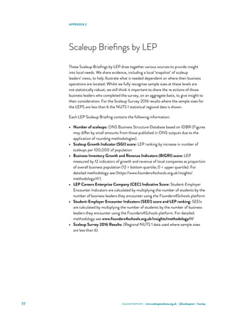 SCALEUP INSTITUTE | www.scaleupinstitute.org.uk | @scaleupinst | #scalup77
APPENDIX 3
Scaleup Briefings by LEP
These Scaleup Briefings by LEP draw together various sources to provide insight
into local needs. We share evidence, including a local ‘snapshot’ of scaleup
leaders’ views, to help illustrate what is needed dependent on where their business
operations are located. Whilst we fully recognise sample sizes at these levels are
not statistically robust, we still think it important to share the re ections of those
business leaders who completed the survey, on an aggregate basis, to give insight to
their consideration. For the Scaleup Survey 2016 results where the sample sizes for
the LEPS are less than 6 the NUTS 1 statistical regional data is shown.
Each LEP Scaleup Briefing contains the following information:
•	 Number of scaleups: ONS Business Structure Database based on IDBR (Figures
may differ by small amounts from those published in ONS outputs due to the
application of rounding methodologies).
•	 Scaleup Growth Indicator (SGI) score: LEP ranking by increase in number of
scaleups per 100,000 of population
•	 Business Inventory Growth and Revenue Indicators (BIGRI) score: LEP
measured by 12 indicators of growth and revenue of local companies as proportion
of overall business population (12 = bottom quartile; 0 = upper quartile). For
detailed methodology see (https://www.founders4schools.org.uk/insights/
methodology/#/)
•	 LEP Careers Enterprise Company (CEC) Indicative Score: Student-Employer
Encounter Indicators are calculated by multiplying the number of students by the
number of business leaders they encounter using the Founders4Schools platform
•	 Student-Employer Encounter Indicators (SEEI) score and LEP ranking: SEEIs
are calculated by multiplying the number of students by the number of business
leaders they encounter using the Founders4Schools platform. For detailed
methodology see www.founders4schools.org.uk/insights/methodology/#/
•	 Scaleup Survey 2016 Results: (Regional NUTS 1 data used where sample sizes
are less than 6)
 