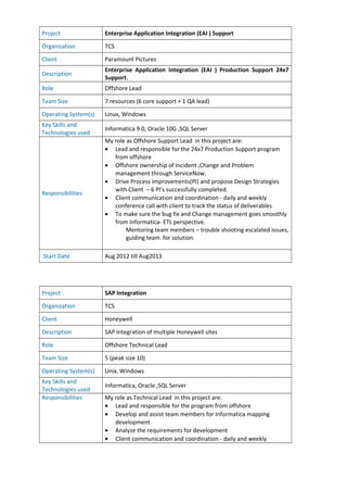 Project Enterprise Application Integration (EAI ) Support
Organization TCS
Client Paramount Pictures
Description
Enterprise Application Integration (EAI ) Production Support 24x7
Support.
Role Offshore Lead
Team Size 7 resources (6 core support + 1 QA lead)
Operating System(s) Linux, Windows
Key Skills and
Technologies used
Informatica 9.0, Oracle 10G ,SQL Server
Responsibilities
My role as Offshore Support Lead in this project are:
• Lead and responsible for the 24x7 Production Support program
from offshore
• Offshore ownership of Incident ,Change and Problem
management through ServiceNow.
• Drive Process Improvements(PI) and propose Design Strategies
with Client – 6 PI’s successfully completed.
• Client communication and coordination - daily and weekly
conference call with client to track the status of deliverables
• To make sure the bug fix and Change management goes smoothly
from Informatica- ETL perspective.
Mentoring team members – trouble shooting escalated issues,
guiding team for solution.
.Start Date Aug 2012 till Aug2013
Project SAP Integration
Organization TCS
Client Honeywell
Description SAP Integration of multiple Honeywell sites
Role Offshore Technical Lead
Team Size 5 (peak size 10)
Operating System(s) Unix, Windows
Key Skills and
Technologies used
Informatica, Oracle ,SQL Server
Responsibilities My role as Technical Lead in this project are:
• Lead and responsible for the program from offshore
• Develop and assist team members for Informatica mapping
development
• Analyze the requirements for development
• Client communication and coordination - daily and weekly
 