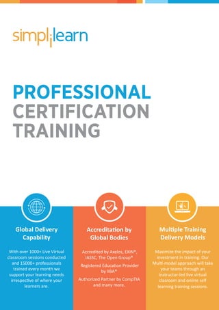 Multiple Training
Delivery Models
Maximize the impact of your
investment in training. Our
Multi-model approach will take
your teams through an
instructor-led live virtual
clasroom and online self
learning training sessions.
Accreditation by
Global Bodies
Accredited by Axelos, EXIN®,
IASSC, The Open Group®
Registered Education Provider
by IIBA®
Authorized Partner by CompTIA
and many more.
Global Delivery
Capability
With over 1000+ Live Virtual
classroom sessions conducted
and 15000+ professionals
trained every month we
support your learning needs
irrespective of where your
learners are.
 