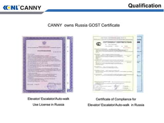 Elevator/ Escalator/Auto-walk
Use License in Russia
Certificate of Compliance for
Elevator/ Escalator/Auto-walk in Russia
CANNY owns Russia GOST Certificate
Qualification
 