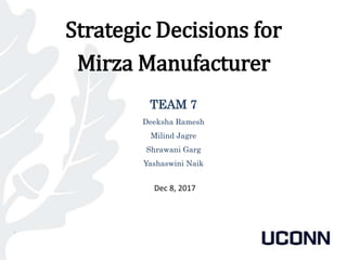 Strategic Decisions for
Mirza Manufacturer
TEAM 7
Deeksha Ramesh
Milind Jagre
Shrawani Garg
Yashaswini Naik
*
Dec 8, 2017
 