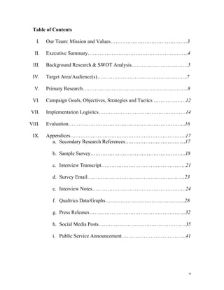   2	
  
Table of Contents
I. Our Team: Mission and Values………………………………………3
II. Executive Summary…………………………………………………..4
III. Background Research & SWOT Analysis……………………………5
IV. Target Area/Audience(s)……………………………………………..7
V. Primary Research……………………………………………………..8
VI. Campaign Goals, Objectives, Strategies and Tactics ……………….12
VII. Implementation Logistics……………………………………………14
VIII. Evaluation…………………………………………………………...16
IX. Appendices…………………………………………………………..17
a. Secondary Research References……………………………...17
b. Sample Survey………………………………………………..18
c. Interview Transcript…………………………………………..21
d. Survey Email…………………………………………………23
e. Interview Notes……………………………………………….24
f. Qualtrics Data/Graphs………………………………………..28
g. Press Releases………………………………………………...32
h. Social Media Posts……………………………………………35
i. Public Service Announcement………………………………..41
 