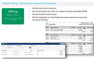 Módulo Billing: Cobrança por consumo de serviços 
• Controle de Uso & Consumo 
• Cálculo da Fatura com base nas regras de preço avançadas (CLM) 
• Extrato da Fatura de Serviços 
• API de Integração ou importação de arquivo excel para envio dos 
consumos mensais 
 
