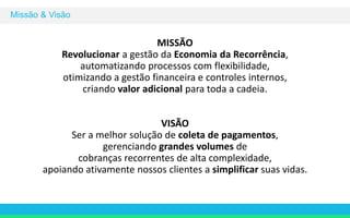 MISSÃO 
Missão & Visão 
Revolucionar a gestão da Economia da Recorrência, 
automatizando processos com flexibilidade, 
otimizando a gestão financeira e controles internos, 
criando valor adicional para toda a cadeia. 
VISÃO 
Ser a melhor solução de coleta de pagamentos, 
gerenciando grandes volumes de 
cobranças recorrentes de alta complexidade, 
apoiando ativamente nossos clientes a simplificar suas vidas. 
 