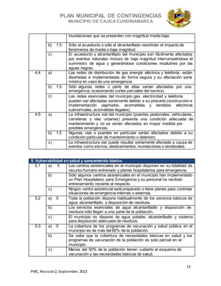 PLAN MUNICIPAL DE CONTINGENCIAS
MUNICIPIO DE CAJICA CUNDINAMARCA
13
PMC, Revisión2, Septiembre. 2013
inundaciones que se presenten con magnitud media baja.
b) 1.5 Sólo el acueducto o sólo el alcantarillado resistirían el impacto de
fenómenos de media o baja magnitud.
c) El acueducto y alcantarillado del municipio son fácilmente afectados
por eventos naturales incluso de baja magnitud interrumpiéndose el
suministro de agua y generándose condiciones insalubres por las
aguas negras.
4.4 a) Las redes de distribución de gas energía eléctrica y telefonía, están
diseñadas e implementadas de forma segura y su afectación sería
mínima en caso de una emergencia.
b) 1.5 Sólo algunas redes o parte de ellas serian afectadas por una
emergencia, ocasionando cortes parciales del servicio.
c) Las redes esenciales del municipio gas, electricidad y telefonía
pueden ser afectadas seriamente debido a su precaria construcción e
implementación (ejemplos, acometidas y tendidos eléctricos
subnormales, acometidas ilegales).
4.5 a) La infraestructura vial del municipio (puentes peatonales, vehiculares,
carreteras y vías urbanas) presenta una condición adecuada de
mantenimiento y no se verían afectados en mayor medida por
posibles emergencias.
b) 1.5 Algunas vías o puentes en particular serían afectados debido a su
condición particular de mantenimiento o deterioro.
c) La infraestructura vial puede resultar seriamente afectada a causa de
eventos como sismos, deslizamientos, inundaciones o vendavales.
5. Vulnerabilidad en salud y saneamiento básico
5.1 a) 5 Los centros asistenciales en el municipio disponen en su totalidad de
recurso humano entrenado y planes hospitalarios para emergencia.
b) Sólo algunos centros asistenciales en el municipio han implementado
un Plan Hospitalario para Emergencia y su personal ha recibido
entrenamiento reciente al respecto.
c) Ningún centro asistencial está preparado o tiene planes para controlar
situaciones de emergencia internas o externas.
5.2 a) 5 Toda la población dispone habitualmente de los servicios básicos de
agua, alcantarillado, y disposición de residuos.
b) Los servicios esenciales de agua alcantarilladlo y disposición de
residuos sólo llegan a una parte de la población.
c) El municipio no dispone de agua potable, alcantarilladlo y sistema
para disposición adecuada de residuos.
5.3 a) 5 La cobertura de los programas de vacunación y salud pública en el
municipio es de más del 80% de la población.
b) Se sabe que la cobertura de necesidades básicas en salud y los
programas de vacunación de la población es sólo parcial en el
municipio.
c) Menos del 50% de la población tienen cubierto el esquema de
vacunación y las necesidades básicas de salud.
 