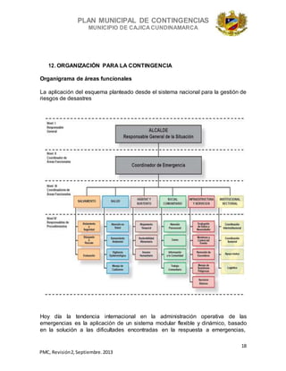 PLAN MUNICIPAL DE CONTINGENCIAS
MUNICIPIO DE CAJICA CUNDINAMARCA
18
PMC, Revisión2, Septiembre. 2013
12. ORGANIZACIÓN PARA LA CONTINGENCIA
Organigrama de áreas funcionales
La aplicación del esquema planteado desde el sistema nacional para la gestión de
riesgos de desastres
Hoy día la tendencia internacional en la administración operativa de las
emergencias es la aplicación de un sistema modular flexible y dinámico, basado
en la solución a las dificultades encontradas en la respuesta a emergencias,
 