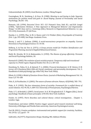   45	
  
Csikszentmihalyi,	
  M.	
  (2003).	
  Good	
  Business,	
  London,	
  Viking	
  Penguin	
  	
  
Cunningham,	
  M.	
  R.,	
  Steinberg,	
  J.,	
  	
  Grev,	
  R.	
  (1980).	
  Wanting	
  to	
  and	
  having	
  to	
  help:	
  Separate	
  
motivations	
   for	
   positive	
   mood	
   and	
   guilt	
   in-­‐	
   duced	
   helping.	
   Journal	
   of	
   Personality	
   and	
   Social	
  
Psychology,	
  38,181-­‐	
  192.	
  
Damasio,	
   A.R.	
   (1994).	
   Descartes’	
  Error.	
   N.Y.:	
   G.P.	
   Putnam’s	
   Sons,	
   Daft,	
   R.L.	
   and	
   R.H.	
   Lengel	
  
(1984),	
   Information	
   Richness:	
   A	
   New	
   Approach	
   to	
   Managerial	
   Behavior	
   and	
   Organization	
  
Design,	
  In	
  B.M.	
  Staw	
  and	
  L.L.	
  Cummings	
  (Eds.),	
  Research	
  in	
  Organizational	
  Behavior,	
  6,	
  (	
  pp.	
  
191-­‐233),	
  Greenwich,	
  CT:	
  JAI	
  Press.	
  
Dansky,	
  J.	
  L.	
  (1999).	
  Play.	
  In	
  M.	
  A.	
  Runco	
  and	
  S.	
  R.	
  Pritzker	
  (Eds.),	
  Encyclopedia	
  of	
  Creativity	
  
(Vol.	
  1,	
  pp.	
  393-­‐408).	
  San	
  Diego:	
  Academic	
  Press.	
  
	
  
Decety,	
   J.	
   and	
   P.	
   L.	
   Jackson.	
   (2006).	
   A	
   social-­‐neuroscience	
   perspective	
   on	
   empathy.	
   Current	
  
Directions	
  in	
  Psychological	
  Science	
  15:	
  54-­‐58.	
  
Delbecq,	
   A.	
   	
   Van	
   de	
   Ven	
   A.	
   (1971).	
   A	
   Group	
   process	
   model	
   for	
   Problem	
   Identification	
   and	
  
Programme	
  Planning.	
  Journal	
  of	
  Applied	
  Behavioural	
  Science.	
  
	
  
Diehl,	
  M.,	
  Stroebe,	
  W.	
  R.	
  	
  Abakoumkin,	
  G.	
  (1992).	
  The	
  illusion	
  of	
  group	
  effectivity.	
  Personal	
  
and	
  Social	
  Psychology	
  Bulletin,	
  18.	
  
Dornisch	
  D.	
  (2002)	
  The	
  evolution	
  of	
  post-­‐socialist	
  projects:	
  Temporary	
  shift	
  and	
  transitional	
  
capacity	
  in	
  a	
  Polish	
  region.	
  Regional	
  Studies	
  Vol.	
  36	
  n.	
  6.	
  307-­‐321	
  
Eisenberg,	
  N.,	
  Fabes,	
  R.	
  A.,	
  	
  Spinard,	
  T.	
  L.	
  (2006).	
  Prosocial	
  development.	
  In	
  W.	
  Damon,	
  R.	
  M.	
  
Lerner,	
  	
  N.	
  Eisenberg	
  (Eds.)	
  (6th	
  ed.)	
  Social,	
  emotional,	
  and	
  personality	
  development:	
  Vol.	
  3.	
  
Handbook	
  of	
  child	
  psychology	
  (pp.	
  646e718).	
  New	
  York:	
  Wiley.	
  
Elliott,	
  R.	
  (1998)	
  A	
  Model	
  of	
  Emotion-­‐Driven	
  Choice.	
  Journal	
  of	
  Marketing	
  Management	
  Vol.	
  14,	
  
Issue	
  1/3:	
  95-­‐108	
  
Fehr,	
  E.,	
  	
  Fischbacher,	
  U.	
  (2003).	
  The	
  nature	
  of	
  human	
  altruism.	
  Nature,	
  425(6960),	
  785-­‐	
  791.	
  
Fiske,	
  A.	
  P.	
  (1992).	
  The	
  four	
  elementary	
  forms	
  of	
  sociality:	
  Framework	
  for	
  a	
  unified	
  theory	
  of	
  
social	
  relations.	
  Vol.	
  99,	
  No,	
  4,	
  689-­‐723.	
  University	
  of	
  Pennsylvania,	
  Psychological	
  Review.	
  	
  
Fiske,	
  S.	
  T.,	
  	
  Berdahl,	
  J.	
  (2007).	
  Social	
  power.	
  In	
  A.	
  W.	
  Kruglanski	
  	
  E.	
  T.	
  Higgins	
  (Eds.),	
  Social	
  
psychology:	
  Handbook	
  of	
  basic	
  principles:	
  678-­‐692.	
  New	
  York:	
  Guilford.	
  
Fowler,	
   B.	
   (1997).	
   Pierre	
   Bourdieu	
   and	
   cultural	
   theory:	
   critical	
   investigations.	
   .	
   Chapter	
   1.	
  
London:	
  Sage.	
  
Frederickson	
   and	
   Joiner	
   (2002)	
   Positive	
  trigger	
  upward	
  spiral	
  toward	
  emotional	
  well-­‐being.	
  
University	
  of	
  Michigan	
  and	
  Florida	
  State	
  university.	
  American	
  Psychological	
  society.	
  
	
  
Yuri	
  M.	
  (2011).	
  Creative	
  workplace:	
  instrumental	
  and	
  symbolic	
  support	
  for	
  creativity,	
  Facilities,	
  
Vol.	
  29	
  Iss:	
  1/2,	
  pp.63	
  -­‐	
  79	
  
Galbraith,	
  J.	
  R.(1977).	
  Organization	
  Design.	
  Reading,	
  MA:	
  Addison-­‐Wesley.
 
